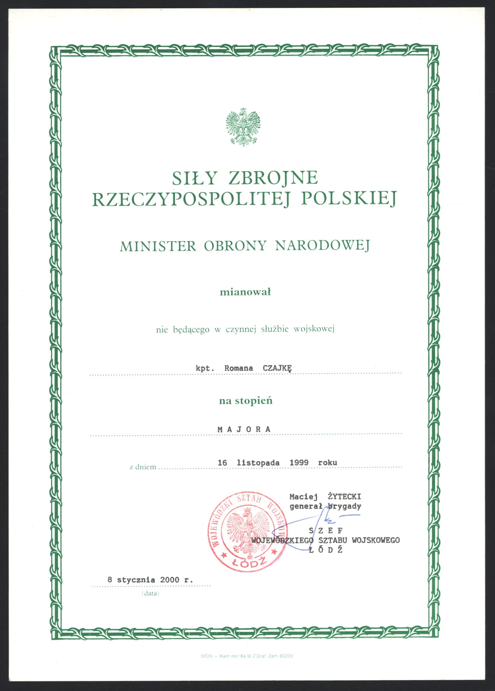 Dokument awansowy kpt. Romana Czajki na majora Wojska Polskiego.